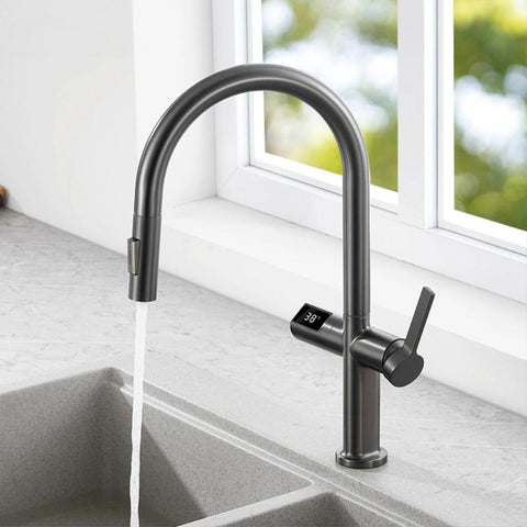 PrecisionLux - Smart Brass Kitchen Faucet with Digital Display and Dual-Temperature Single Handle