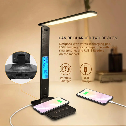 LuxCharge Pro: 10W QI Wireless Charging LED Desk Lamp with Calendar