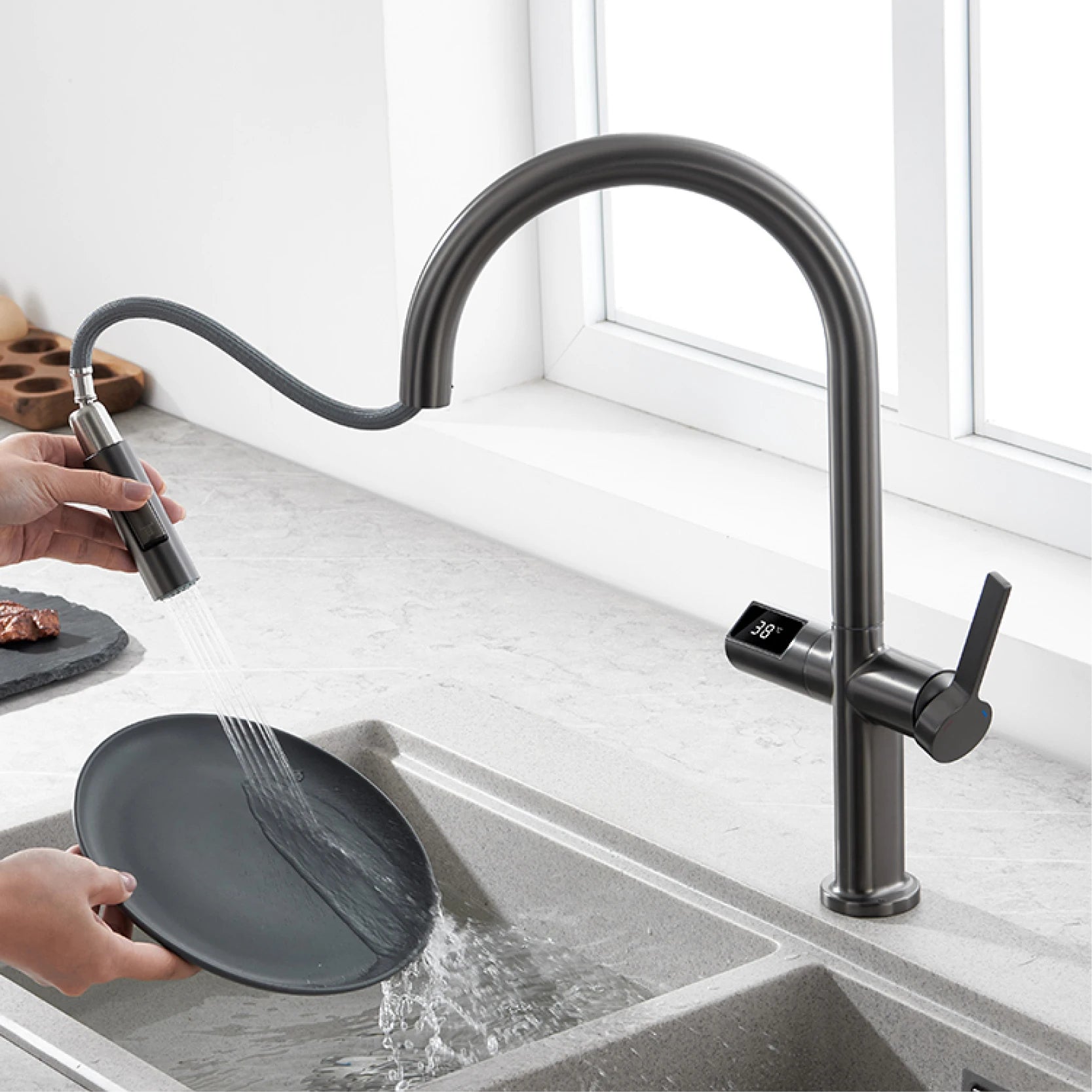 PrecisionLux - Smart Brass Kitchen Faucet with Digital Display and Dual-Temperature Single Handle