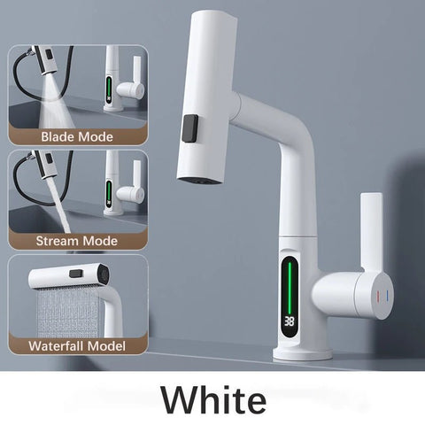 CascadeSmart White Waterfall Digital Display Kitchen Faucet with Hot/Cold Mixer