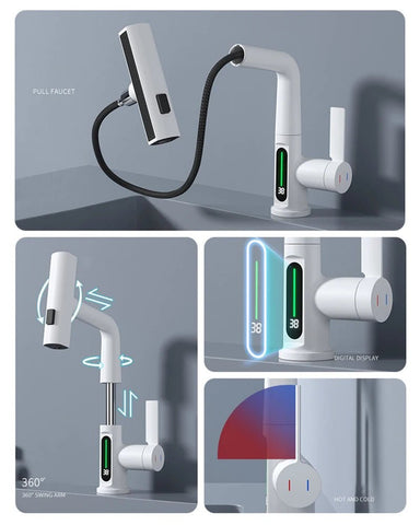 CascadeSmart White Waterfall Digital Display Kitchen Faucet with Hot/Cold Mixer