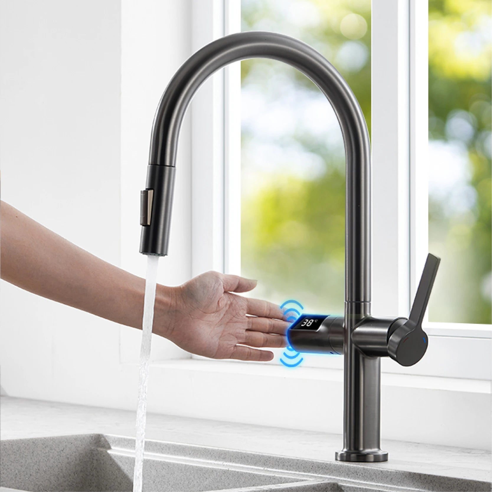 PrecisionLux - Smart Brass Kitchen Faucet with Digital Display and Dual-Temperature Single Handle