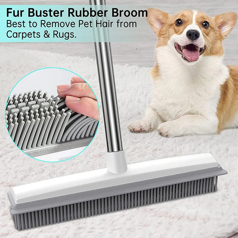 PetHair Master: Rubber Broom Carpet Rake with Squeegee and Long Handle - Scratch-Free Fur Remover for Carpets and Hardwood Floors